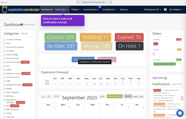 Employee certifications tracking