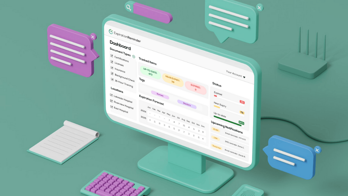 Expiration reminder dashboard displaying credential statuses, automated alerts, and renewal deadlines for healthcare providers