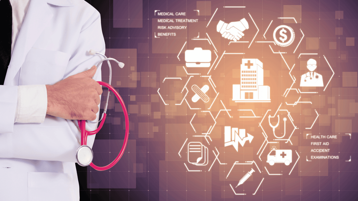Illustration of a doctor standing beside a hospital surrounded by icons representing data, including cloud storage, secure locks, and document files, symbolizing healthcare data management and security.