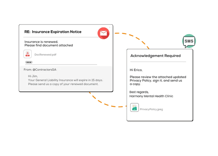 Email and SMS alert requesting a provider to upload missing credential documents with attachment links.