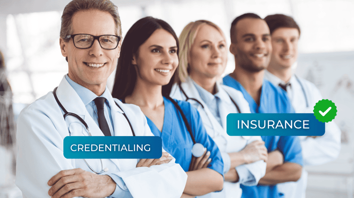 A group of confident doctors standing together, symbolizing successful insurance credentialing and network approval, ensuring they can provide care to insured patients.
